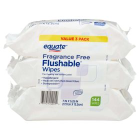 Equate Fragrance Free Flushable Wipes, 3 Resealable Packs (144 Total Wipes)