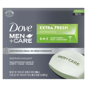 Dove Men+Care 3-in-1 Hand & Body + Face + Shave Bar Refreshing, Extra Fresh, 3.75 oz (12 Bars)